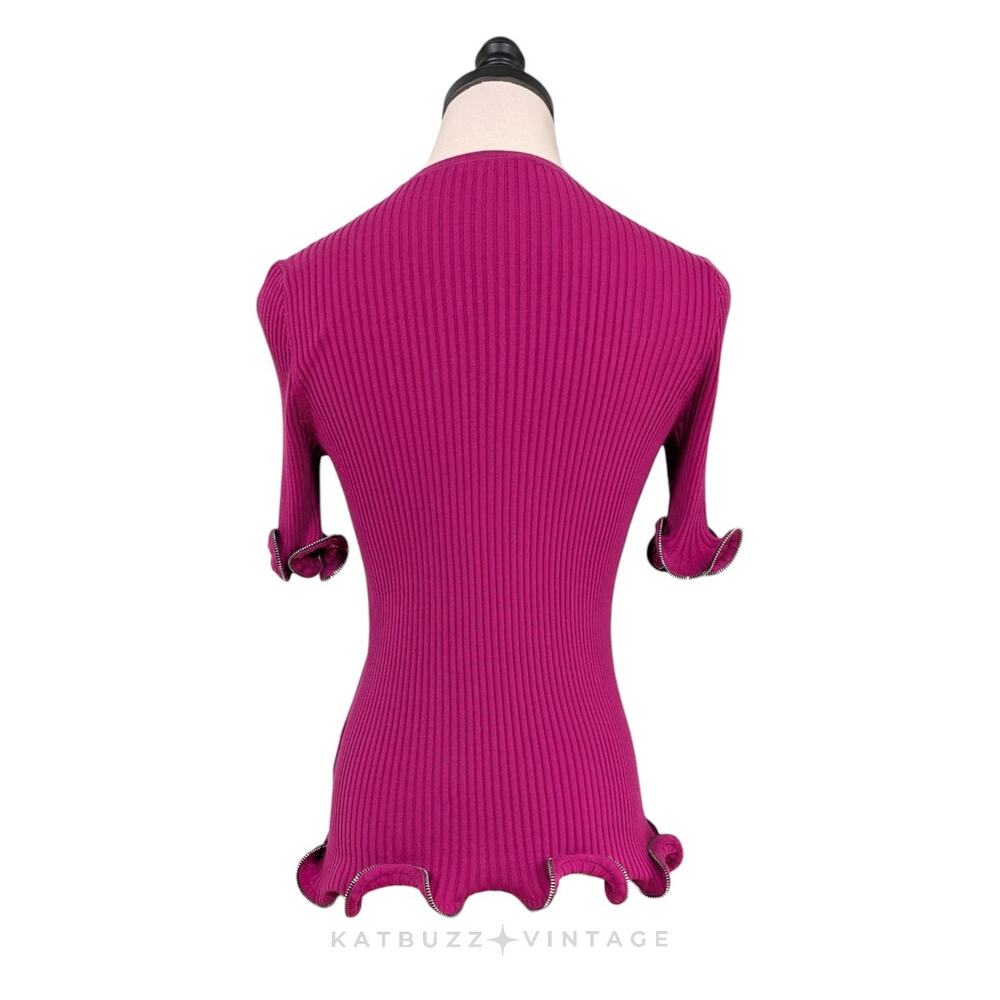 Alexander Wang Sweater Top M Pink Zipper Ruffle Ribbed Knit Short Sleeve Glam - Picture 4 of 13